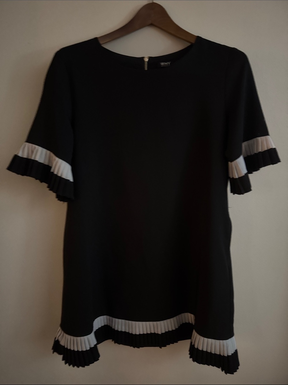 Black Mini Dress with White Pleated Trim Zip Back